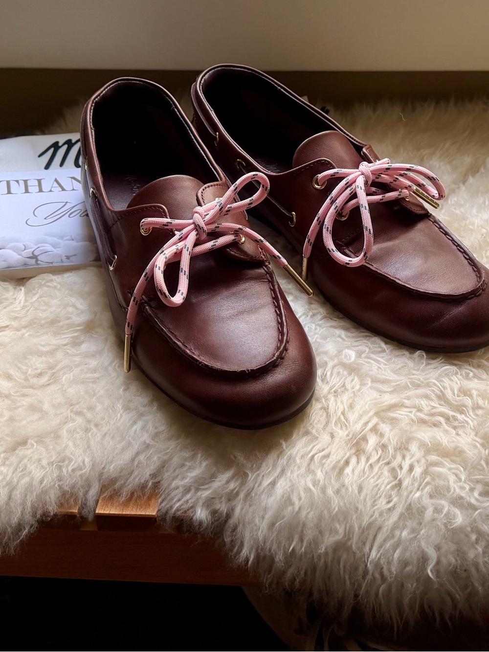 Madewell Burgundy Leather Boat Shoes with Pink Laces